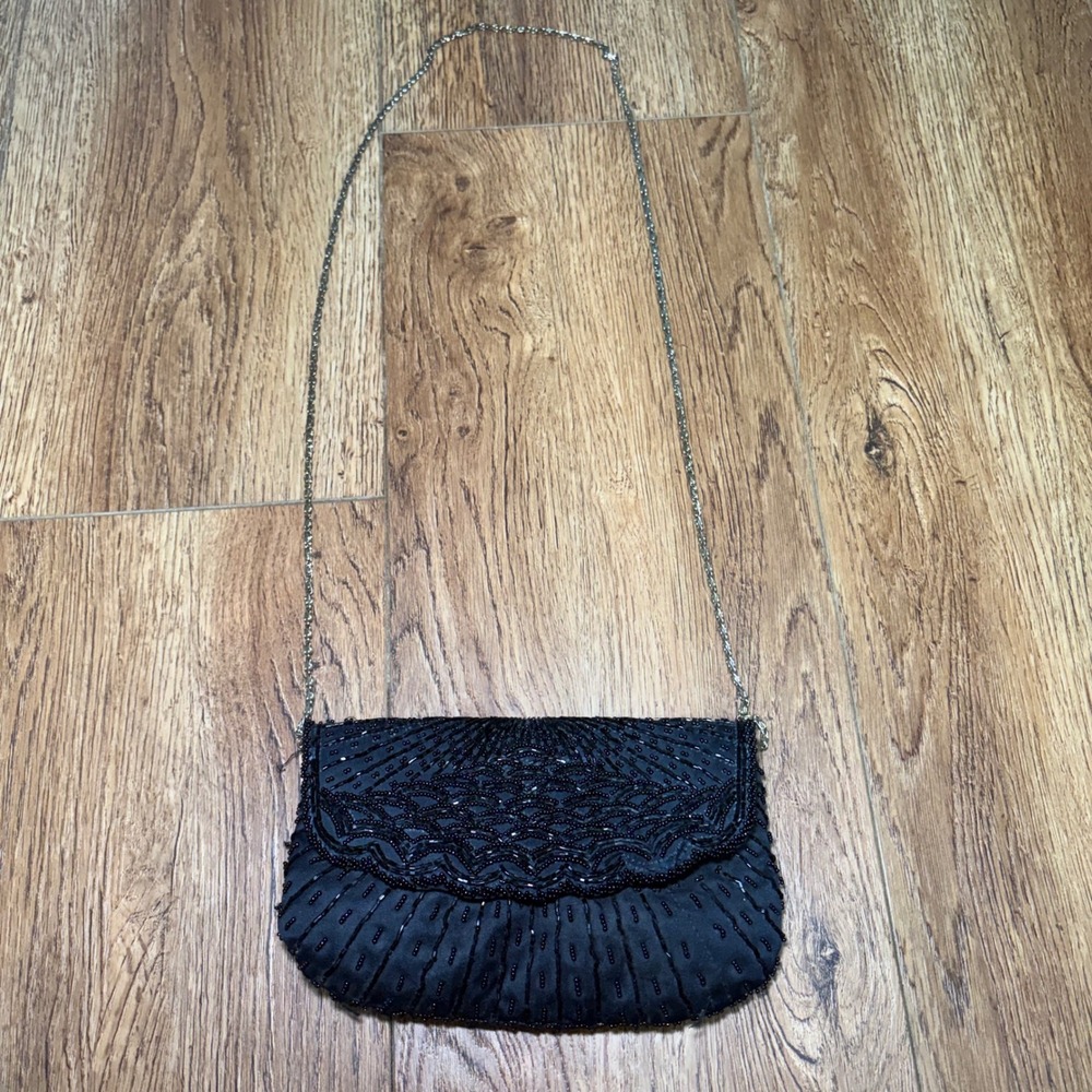 90s La Regale Ltd Black Beaded Evening Bag Satin Clutch Chain Purse handmade